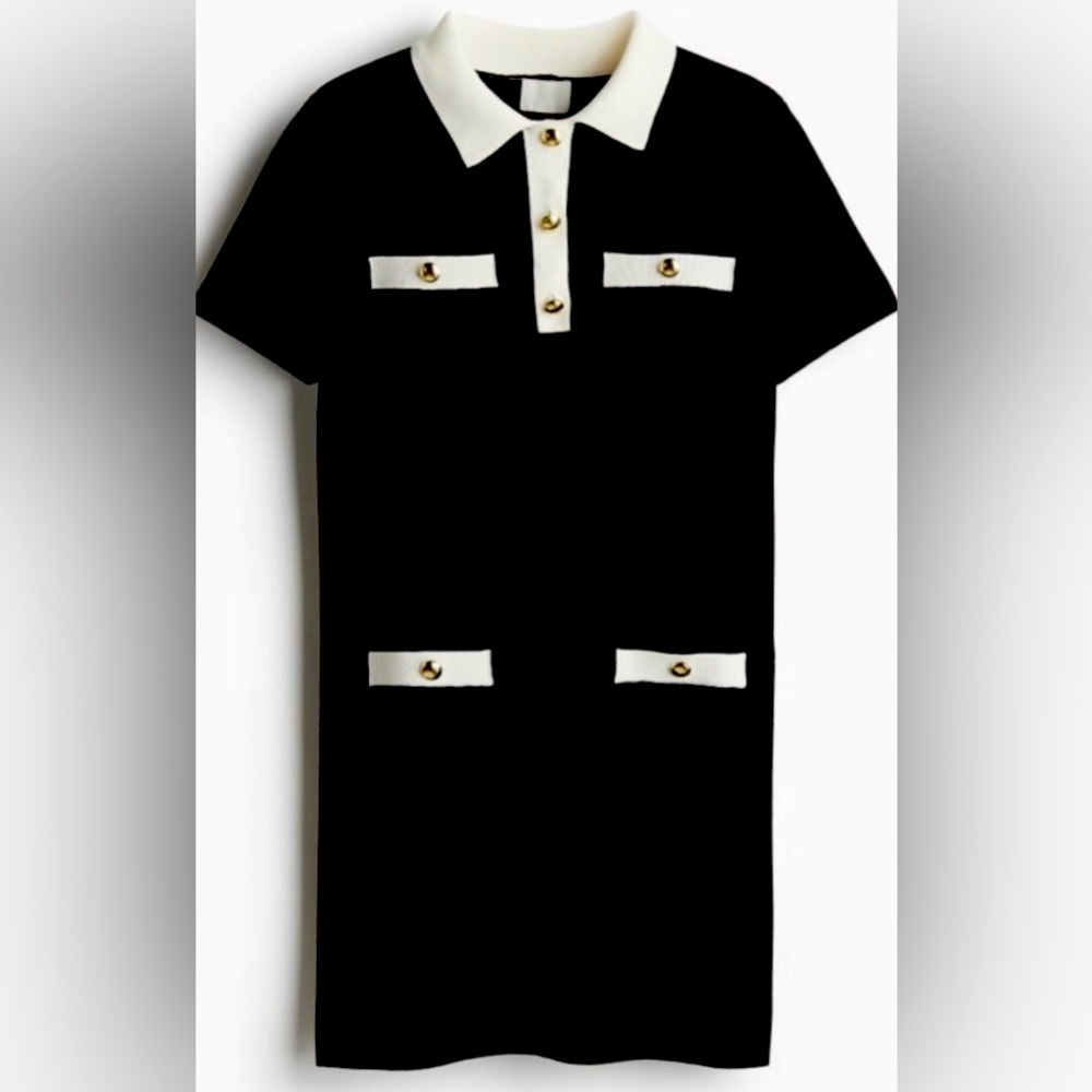 H&M Black fine knit mini dress with white detailed collar and pockets
